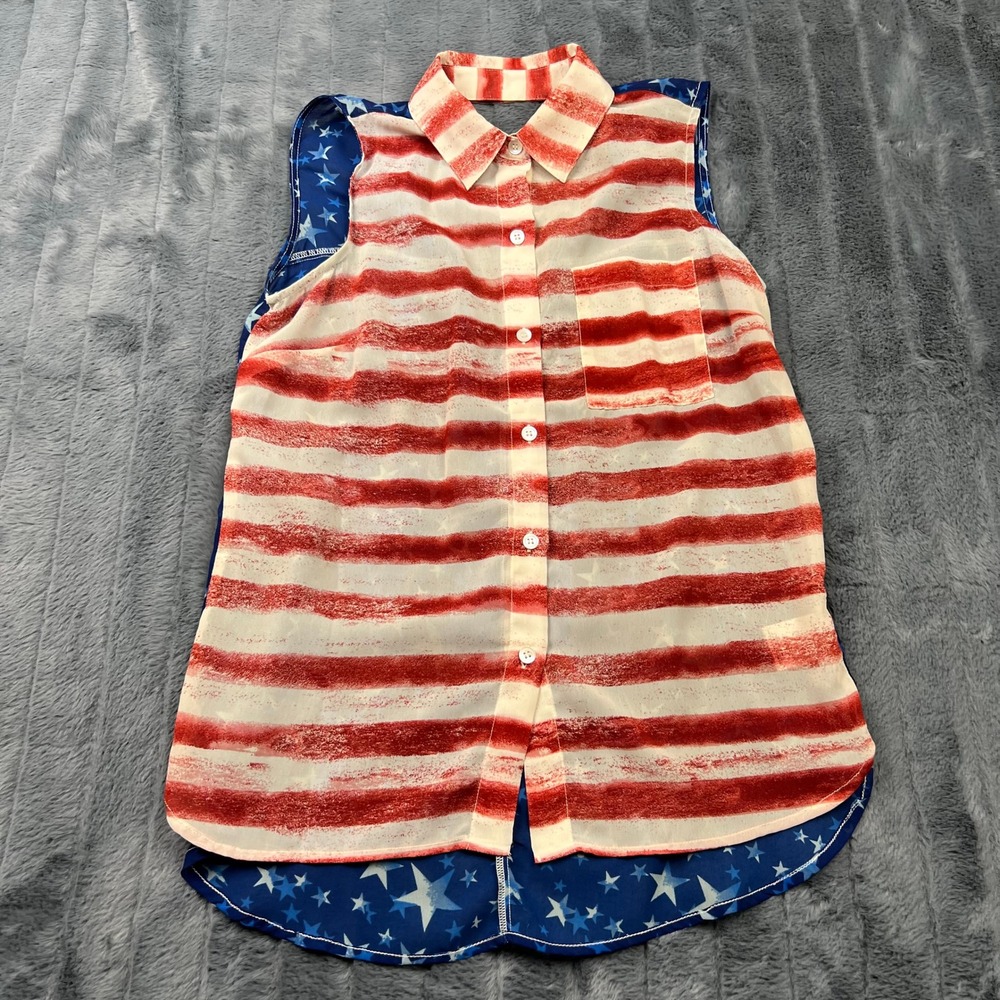 Jessica Simpson Americana Stars Stripes Sleeveless Button Down USA Top M